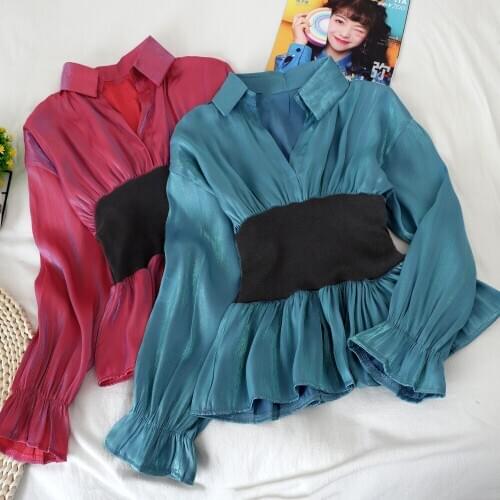 HISUMA Women Autumn Turn-Down Collar Lantern Sleeve Ruffles Shirt Elegant Lady Elastic Pleated Slim Waist Pullover Blouse Tops