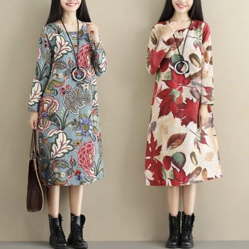 Ethnic Style Retro Cotton and Linen Long-Sleeved Dress Womens Spring Loose Large Size Slim Looking Base Linen A- line Midi Dres