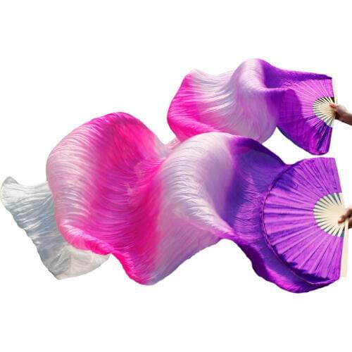100% Silk High Quality Dance Fans 1 Pair Belly Dance Fans Handmade Dyed Silk Fans Purple+Light purple+Rose+Pink+White 180x90cm