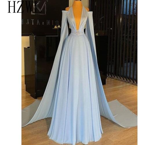 2020 Baby Blue Halter Deep V-Neck Two Piece Cappa Evening Dress A-Line Beaded Crystal Long Prom Dreses robes de cocktail