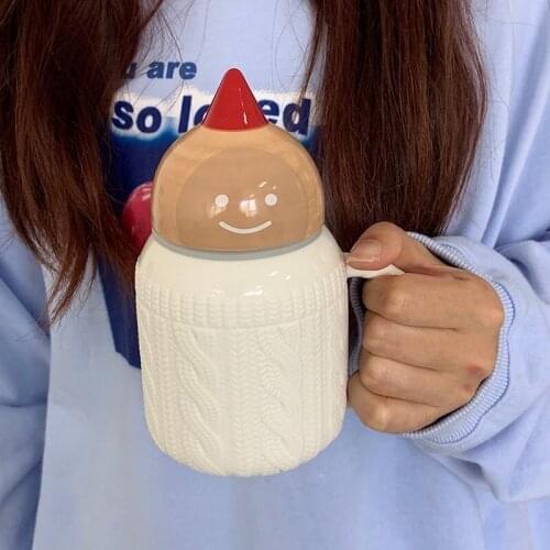 Forest theme cute gingerbread man woolen pattern ceramic mugs coffee cups with lid for Christmas gifts for relatives and friends