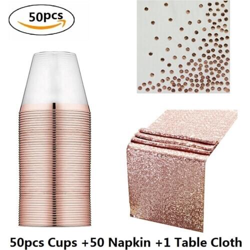50pcs Disposable Tableware set 9OZ Plastic Disposable Cups Napkin Table Cloth Towel Rose Gold Wedding Birthday Party Decoration