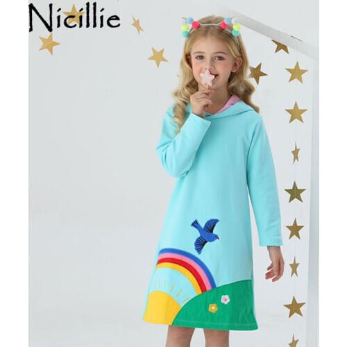 Kids Hoodie Dresses For Girls Long Sleeve Dress Unicorn Kids Hooded Clothing Winter Cotton Dress Rainbow Children Costume