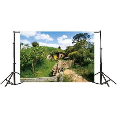 Photography Backdrop Ric Shabby Chic House Wooden Fence Countyard Trees Flowers Grass Field Blue Sky White Cloud Nature