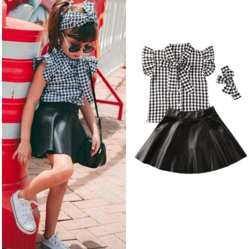 1-6Y Fashion Infant Baby Girls Clothes Sets Plaid Print Ruffles Sleeve T Shirts Tops+Pu Leather Skirts 2pcs
