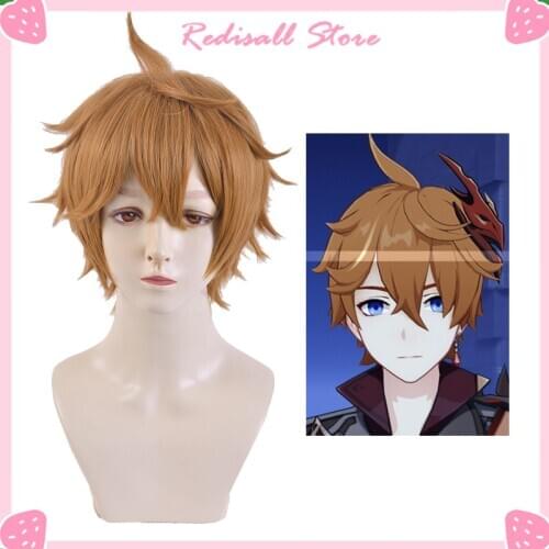 Genshin Impact Cosplay Tartaglia Wig Short Ajax Golden Brown Hair Childe Heat Resistant Synthetic Christmas Game Role Play