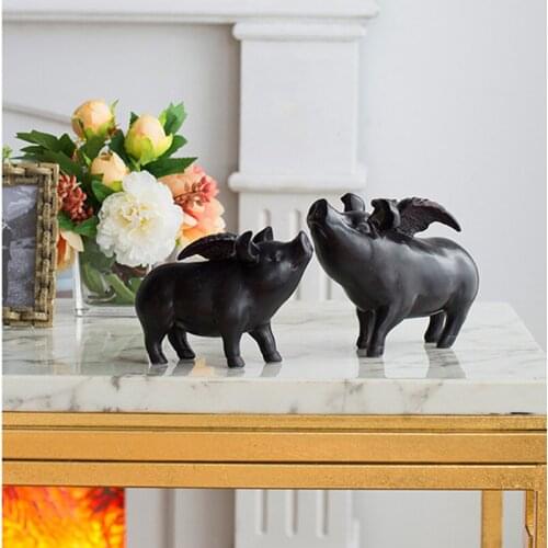 Powkhome Creative Resin Flying Pig Simulation animal Cartoon Black angel wing Pig Decoration Modern Art Craft Gifts