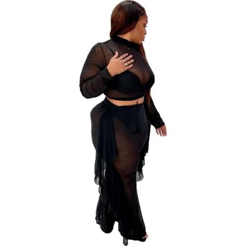 Summer Two Piece 5xl Mesh Tops and Pant Suits Matching Sets Party Club Plus Size Black Sexy Outfits Wholesale Dropshipping