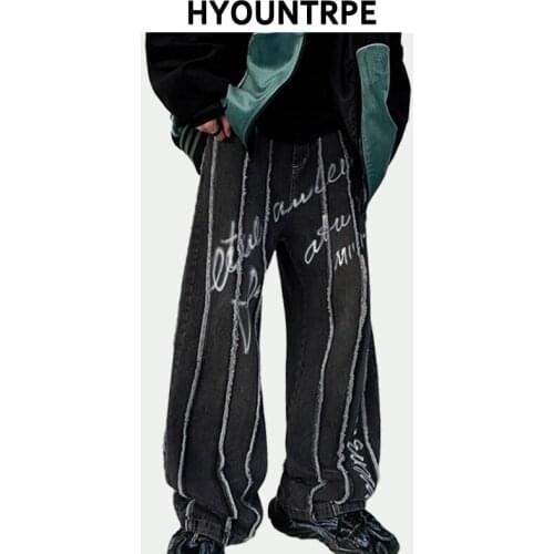 Fashion Graffiti Printed Jean Denim Pants Mens High Street Straight Tassel Trouser Hip Hop Streetwear Casual Loose Jeans Joggers