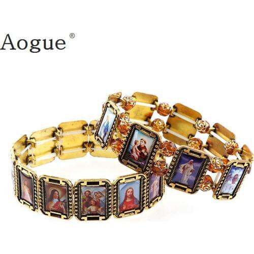 Elasticated Alloy Small Square Catholic Saints Bracelet, Random Catholic Images