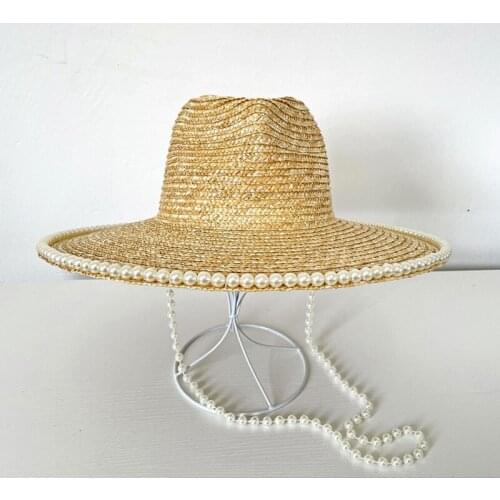 New fashion pearl chain hat eaves straw flat hat straw hat outdoor travel sunscreen beach hat