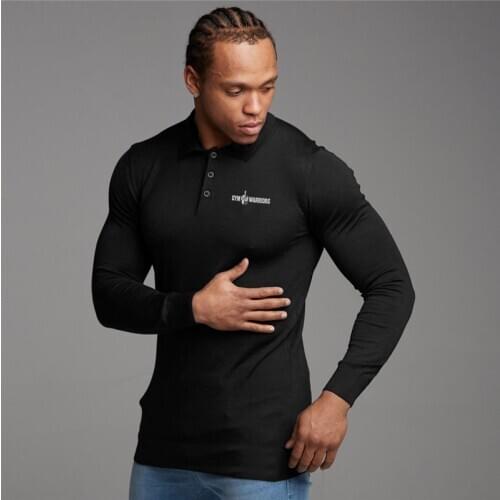 New Autumn Cotton Running T Shirt Men Solid Printed Long Sleeve Polo Shirt Men Gym Slim Fit Polo Fitness Mens T-Shirt