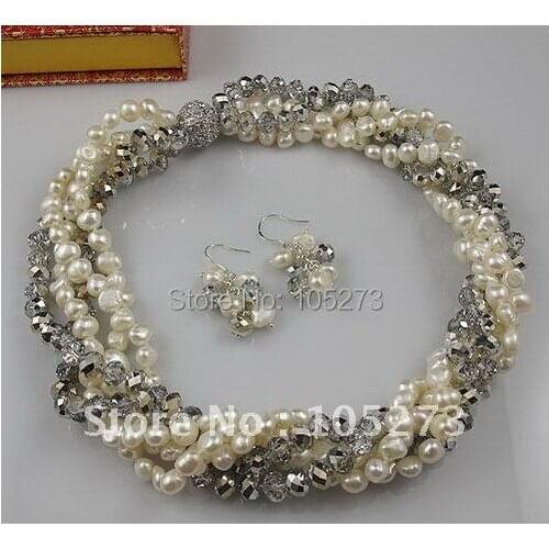 Charming!5rows AA 7-8MM Gray crystal& white Genuine freshwater pearl necklace Rhinestone Magnet clasp necklace earring A2263