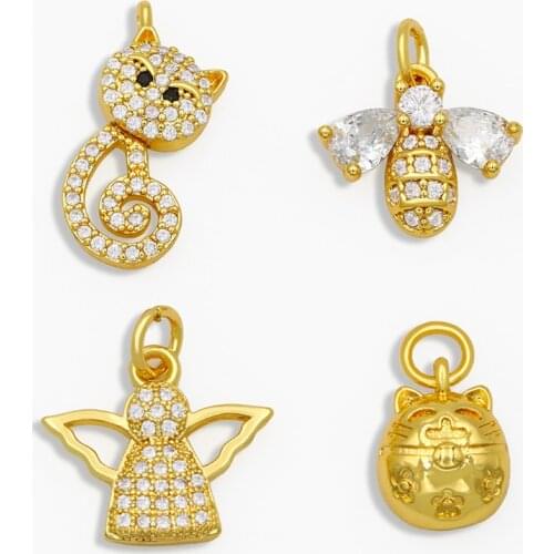 OCESRIO CZ Cute Tiny Cat Angel Animal Necklace Charms for Jewelry Making Bulk Gold Plated Pendants Mexican Jewelry pdta175