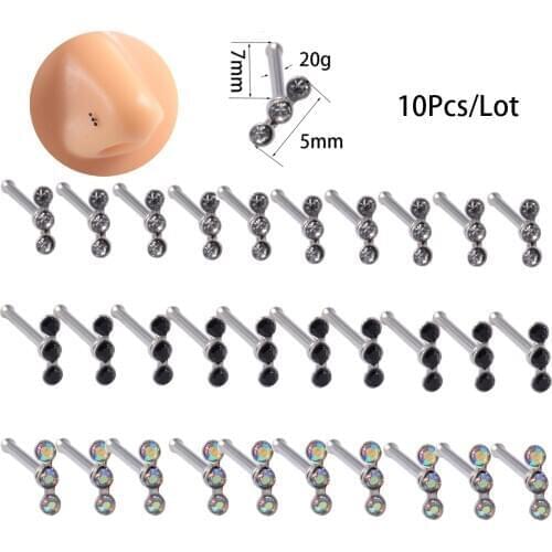10Pcs/Lot Surgical Steel Nose Rings Tragus Helix Earring 1Pc Zircon Straight Nose Studs Steptum Nose Bar Pin Piercing Jewelry