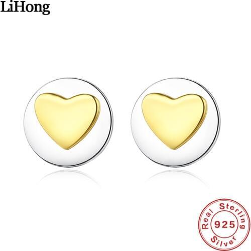 100% S925 Sterling Silver Love Heart Stud Earrings Ladies Fashion Sweet Glossy Two-Tone Gold Earrings Party Jewelry