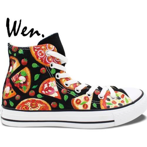 Wen Original Hand Painted Shoes Design Custom Pizza Color High Top Men Womens Canvas Sneakers for Christmas Gifts