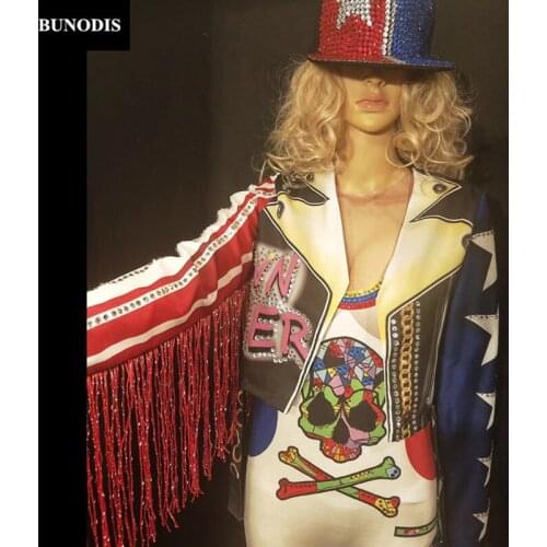 ZD23501 Women Sexy Jumpsuit Sleeveless & Tassel Coat & Cap Sparkling Crystals 3D Printing Nightclub Party Costumes