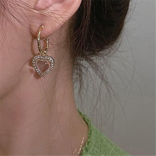 2021 New Korea Trend Vintage Golden Transparent Crystal Love Heart Drop Earrings For Women Girls Aesthetic Jewelry