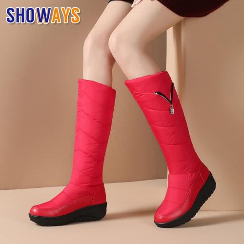 2021 Winter Women Snow Boots Fur Down Waterproof Black Red Blue Casual Outdoor Platform Wedge Heel Metal Dec Lady Mid-calf Boots