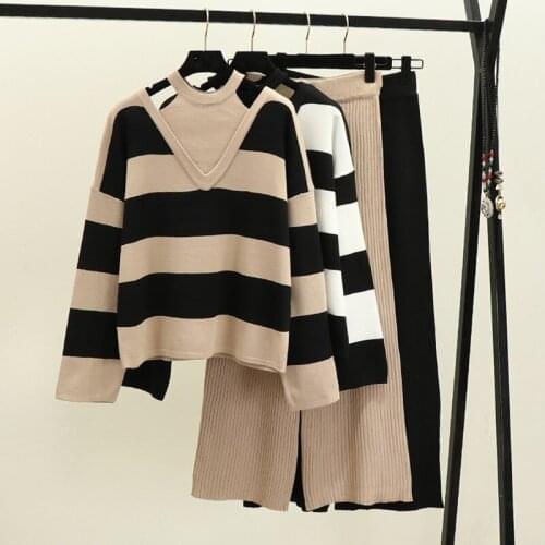 2021 2PCS Set Women Knitted Pullovers Sweater Halter Stripe Knit Jumper Tops + Wide Leg Long Pants Suits Tracksuits