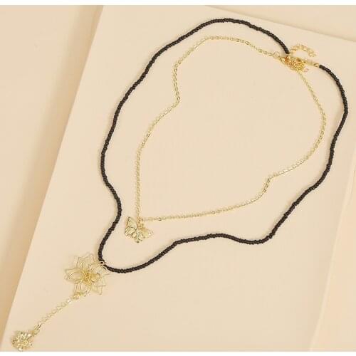 2 Pcs/Set Fashion Gold Metal Chain Glass Beaded Handmade Layered Necklace Women Trendy Hollow Flower Butterfly Pendant Necklace