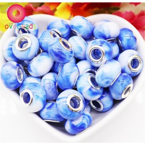 10 Pcs Colors Blue Red Purple Pink European Spacer Beads Large Hole with Silver Plate Fit Original Pandora Bracelet DIY Jewelry