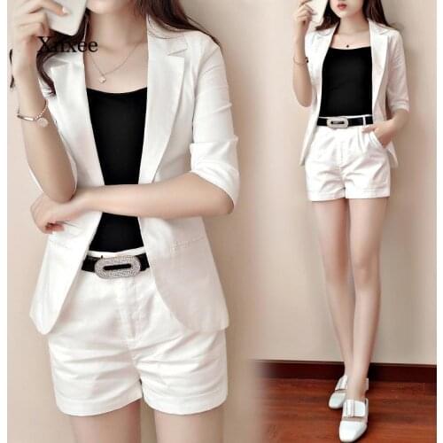 2021 Summer White New Womens Fashion Casual 2 Piece Suit Suit Female Female Plus Size Ol Female Suit Jacket