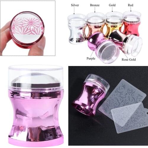 3pcs Mirror Nail Stamper Clear Silicone Head Manicure Scraper Polish Transfer Template Kits with Cap Nail Art Stamping Plate