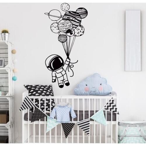 Astronaut Holding Balloons Wall Decal Space Vinyl Sticker Custom Name Wall Decal For Nursery Kids Bedroom Decor NR70