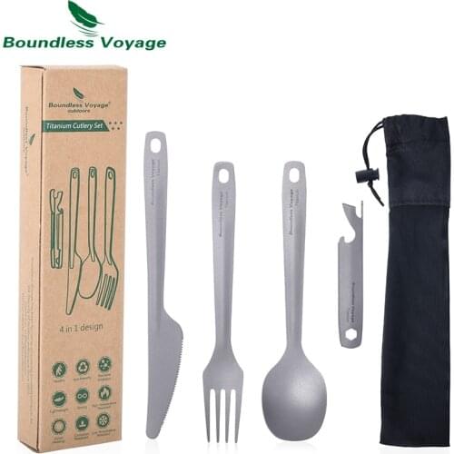 Boundless Voyage Tianium Knife Fork Spoon Bottle Opener Set Lightweight Outdoor Indoor Tableware Camping Reuseable Cutlery Set