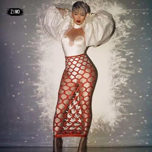 Designer dresses runway lantern sleeve Patchwork cut out white red Bodycon celebrity Prom Party Women Custom Made Dresses stage