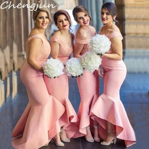 Chengjun Elegant High Low Mermaid Style Off Shoulder Peach Long Bridesmaid Dress