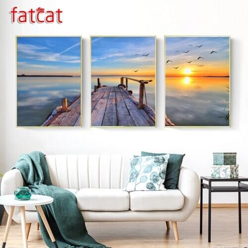 FATCAT Seaside sunset scenery diy 5d diamond painting full square round drill mosaic embroidery triptych kits Home decor AE2681