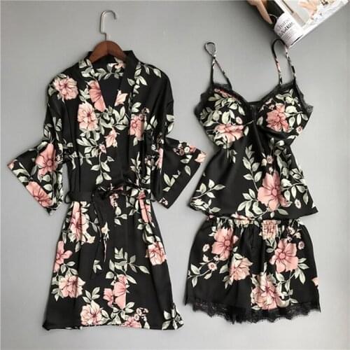 3pcs Print Wedding Robe Set Sleepwear Casual Intimate Lingerie Nightgown Nightdress Soft Homewear Home Clothing Kimono Gown
