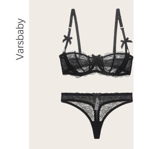 Varsbaby sexy lace transparent 1/2 cup underwear set bow bras+thongs bra and panty set ABCD cup for ladies