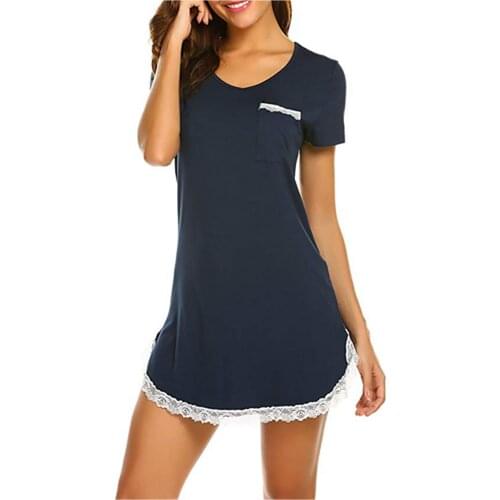 Summer Womens Sexy Round Neck Short Sleeve Lace Nightgown Nightdress Breathable Cotton Soft Mini Dress Nightshirt Sleepwear#p3