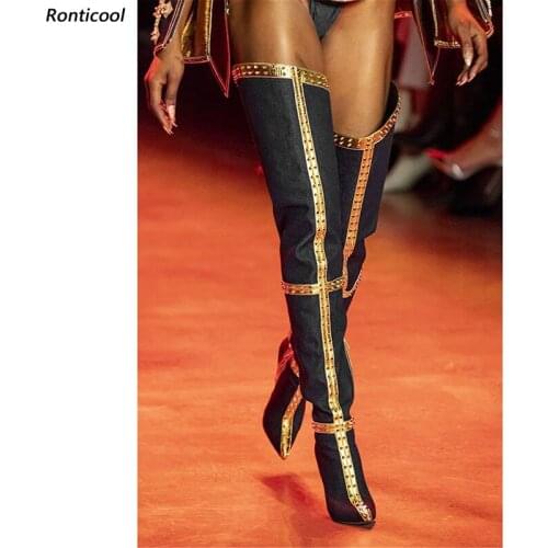 Ronticool Modern Fashion Women Thigh Boots Sexy Studded Thin High Heels Pointed Toe Black Blue Party Shoes Women Us Size 5-15
