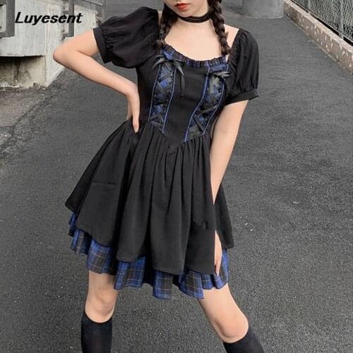 Dark Gothic Girl Lolita Mini Dress Puff Short Sleeve Lady Pleated Empire Sweet Plaid Spliced Dresses Summer Korean Fashion Cloth