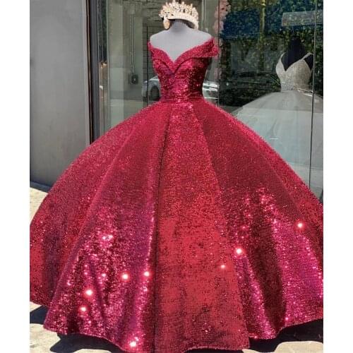 Princess Dark Red Quinceanera Dresses Sequid Off the Shoulder Sweet 16 Prom Gowns Tulle vestidos de 15 años xv dress Corset