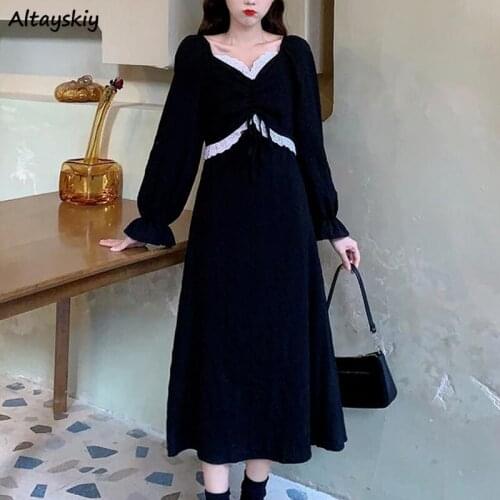 Oversize Dress Women Shirring Mid-calf New Solid Autumn Elegant Casual Retro Ladies Harajuku Stylish Cozy Ulzzang Stylish Ins
