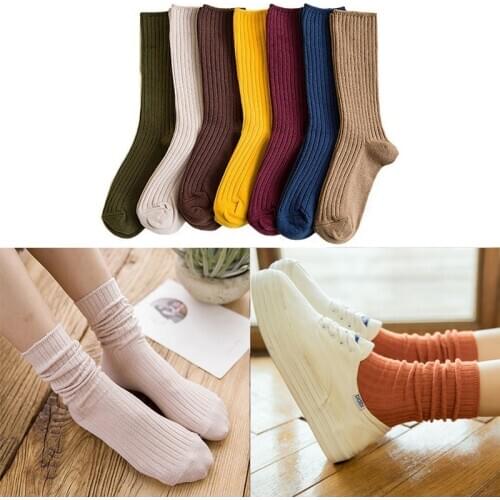 Stripe Cotton Women Socks Double Needles Knitting Rib Solid Colors Socks Female Harajuku Casual Loose Socks Spring Autumn Socks