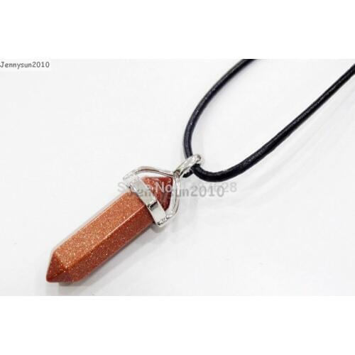 Natural Gold Sand Gems Stones Hexagonal Pointed Healing Reiki Chakra Pendant Black Leather Cord Necklace18''lnch 5 Sets/Pack