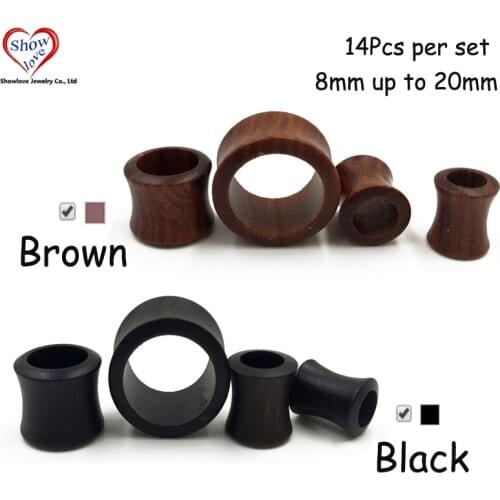 Showlove-14Pcs Mixed Color Saddle Double Flared Organic Sandalwood Hollow Ear Tunnels Ohr Plug Stretchers Piercing Body Jewelry