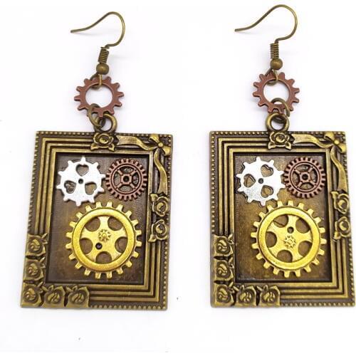 Pretty Photo Frame with Gears Inside Vintage Steampunk Drop Earrings