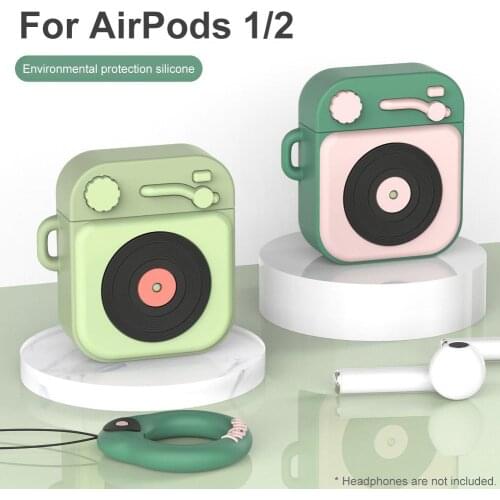 Retro Record Cute Cartoon Portable Silicone Bluetooth Earphones Protective Case Cover for AirPods 1/2 Anti-lost With Rope Ring