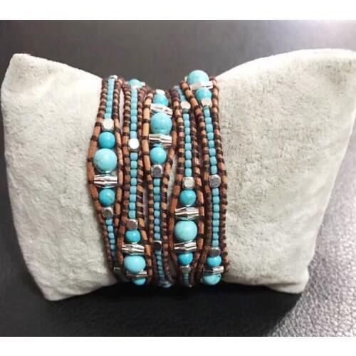 Blue mix size stone with long metal beads wrap bracelet