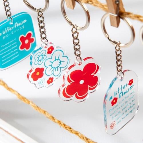 Yoofun 8designs Key Chains Give You A Red Flower Crane Acrylic Key Rings with Peoms Gift Little Red Flower Cute Key Chain