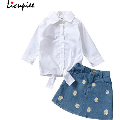 1-5 Years Girls Childrens Sets Outfits Two Piece Suit Fashion Solid Color Long Sleeve Shirt and Daisy Denim Short Skirt