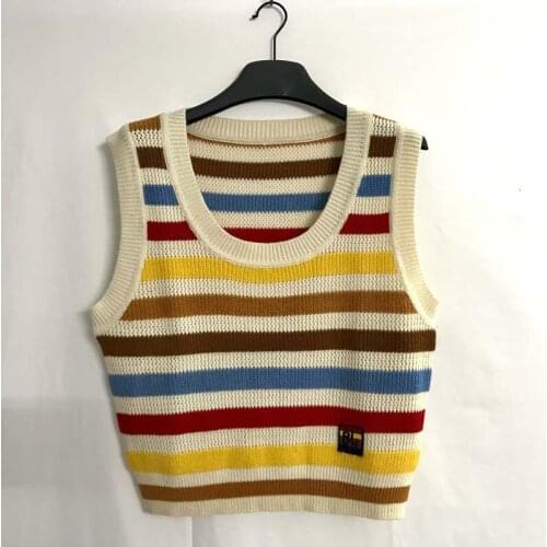 Rainbow Stripped Lovely Sleeveless Sweater Women Knitted Vest Top Embroidery Pullover Pull Femme Jersey Mujer